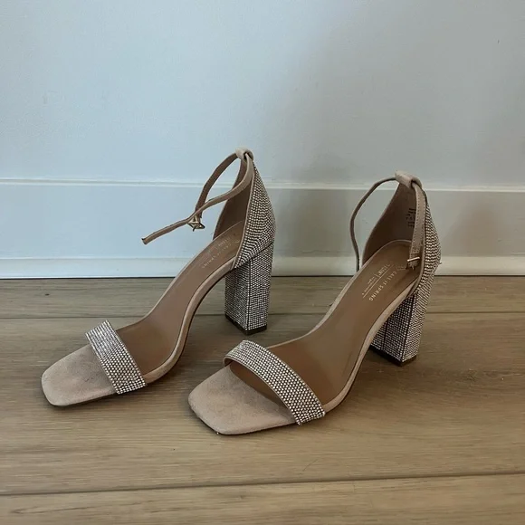 Call It Spring Silver Rhinestone Block Heels - Picture 1 of 5